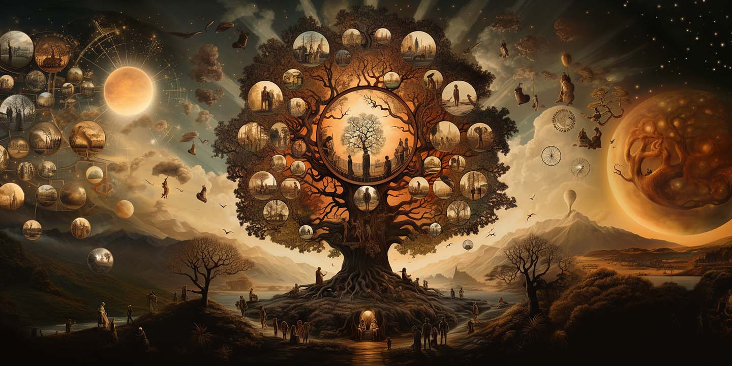 Árbol genealógico con elementos astrológicos: el sol, la luna y los retratos de los ancestros entre sus ramas