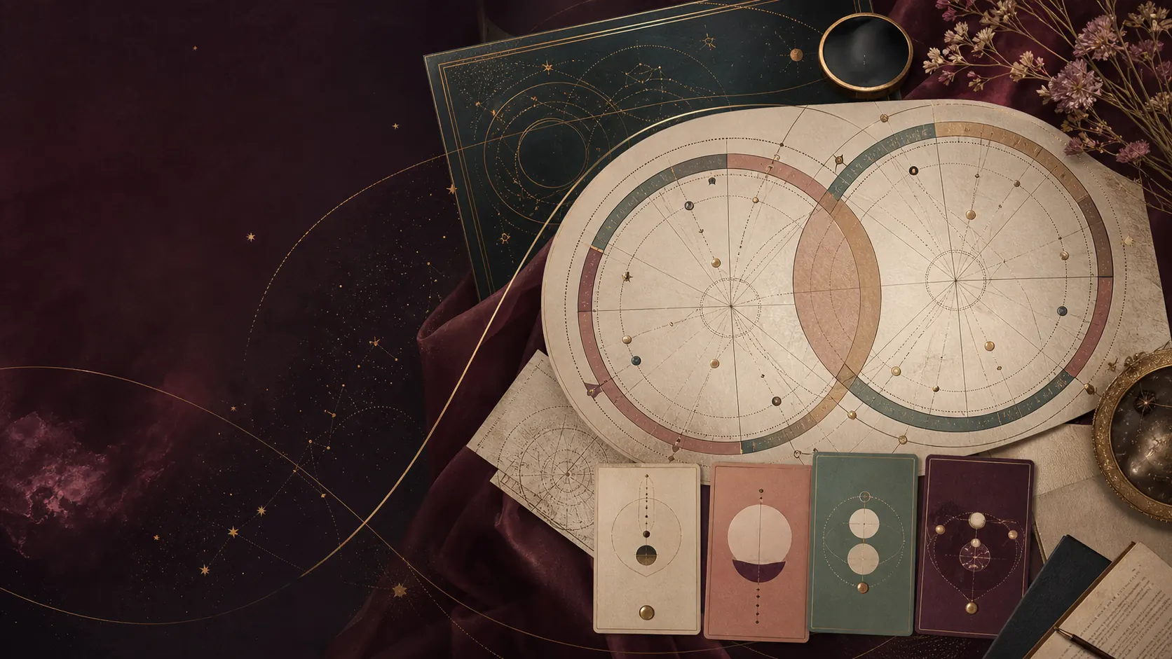 Pareja bajo una composición astrológica nocturna con símbolos zodiacales